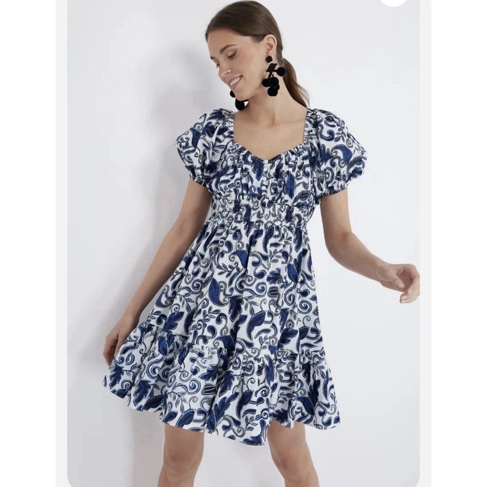 Cleobella Paisley Blue Floral Mini Dress Boho Peasant Cottagecore Women's Medium